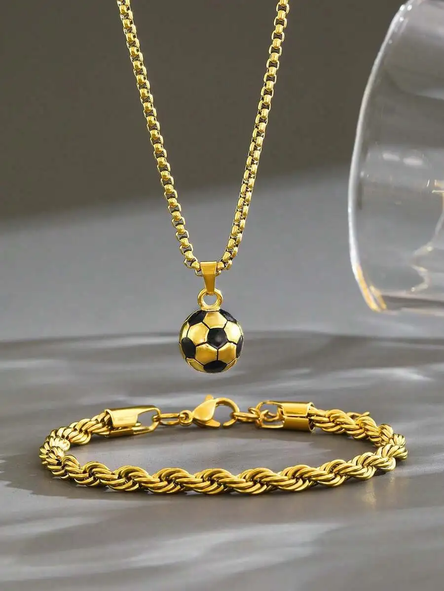 2pcs/Set Kids' Popular Football Pendant Twist Cord Necklace & Bracelet Set, Children's Fashion Party Jewelry, Daily Wear Gift Fo
2pcs/Set Kids' Popular Football Pendant Twist Cord Necklace & Bracelet Set, Children's Fashion Party Jewelry, Daily Wear Gift Fo