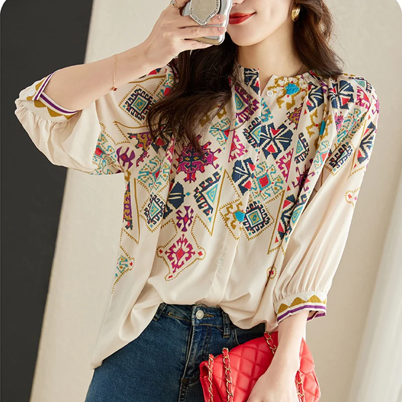 Vintage women's seven quarter sleeved chiffon shirt, summer casual round neck women's shirt
Vintage women's seven quarter sleeved chiffon shirt, summer casual round neck women's shirt