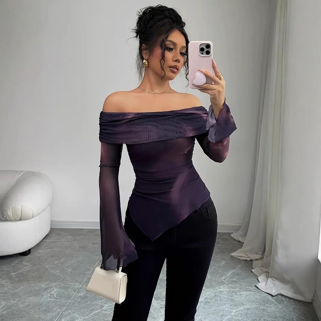 Women Fashion Tie Dye Mesh Top Sexy Off Shoulder Flared Long Sleeved Irregular T-shirt Slim Fit Top Women
Women Fashion Tie Dye Mesh Top Sexy Off Shoulder Flared Long Sleeved Irregular T-shirt Slim Fit Top Women