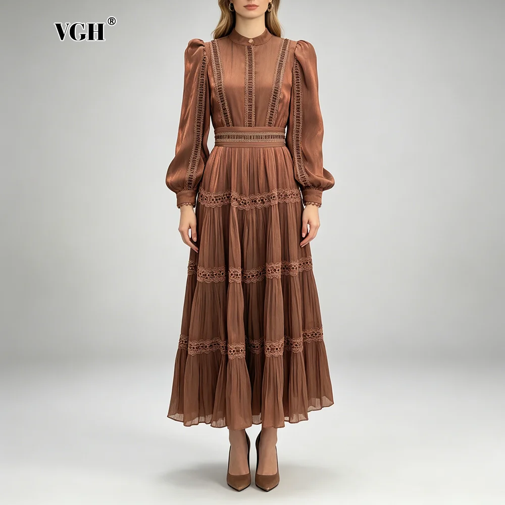 VGH Elegant Coffee Tiered Lace Dress with Puff Sleeves for Women Stand Collar Pleated Skirt for Romantic Dates Special Occasions
VGH Elegant Coffee Tiered Lace Dress with Puff Sleeves for Women Stand Collar Pleated Skirt for Romantic Dates Special Occasions