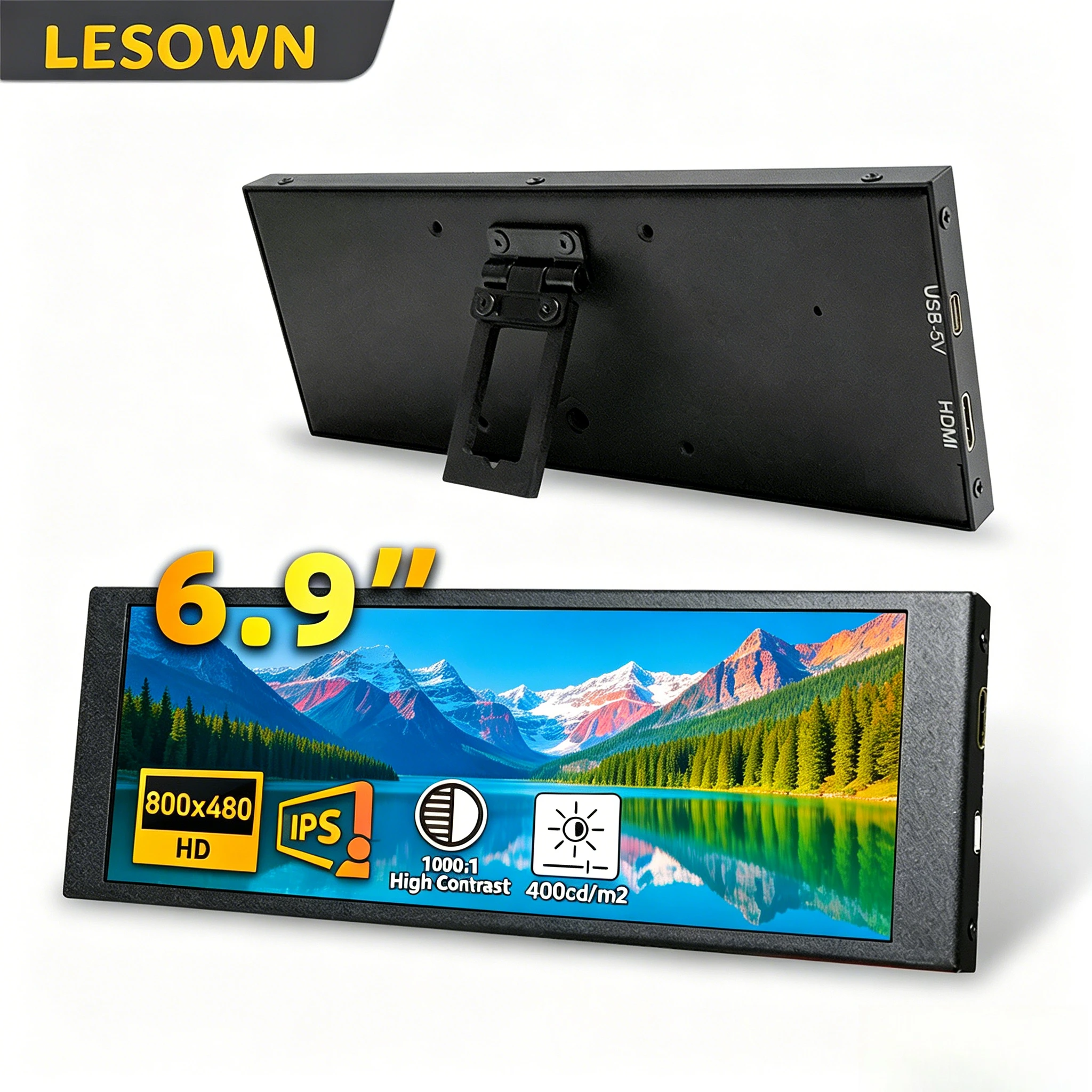 LESOWN miniHDMI Mini Monitor 6.9 Inch 480x1280 Aluminum RPi Mount External Sub-screen for Single Board Linux Computer
LESOWN miniHDMI Mini Monitor 6.9 Inch 480x1280 Aluminum RPi Mount External Sub-screen for Single Board Linux Computer