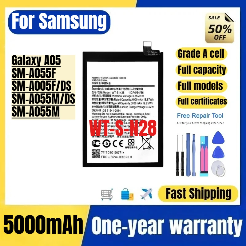 WT-S-N28 for Samsung Galaxy A05/SM-A055F/SM-A005F/DS/SM-A055M/DS/SM-A055M Phone Battery Replacement Bateria with Tools
WT-S-N28 for Samsung Galaxy A05/SM-A055F/SM-A005F/DS/SM-A055M/DS/SM-A055M Phone Battery Replacement Bateria with Tools