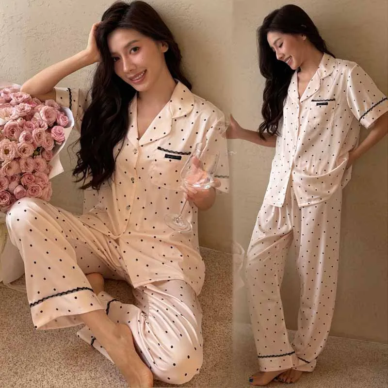 Women Polka Dot Pink Pajamas 2 Pcs Shirt&pant Casual Home Clothes Nightwear Lace Loose Home Wear Summer New Sleepwear
Women Polka Dot Pink Pajamas 2 Pcs Shirt&pant Casual Home Clothes Nightwear Lace Loose Home Wear Summer New Sleepwear