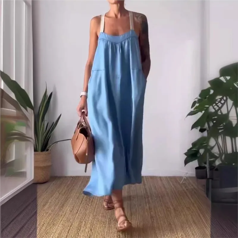 Sexy Women's Suspender Cotton And Linen Pocket Loose Vestidos Woman Fashionable Summer Solid Color Round Neck Suspender Dresses
Sexy Women's Suspender Cotton And Linen Pocket Loose Vestidos Woman Fashionable Summer Solid Color Round Neck Suspender Dresses