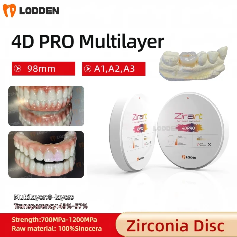 Lodden Zirconia Block 4D PRO Многослойный высокопрочный стоматологический лабораторный фрезерный материал CAD CAM 98 мм с открытой системой циркониевый диск
Lodden Zirconia Block 4D PRO Многослойный высокопрочный стоматологический лабораторный фрезерный материал CAD CAM 98 мм с открытой системой циркониевый диск