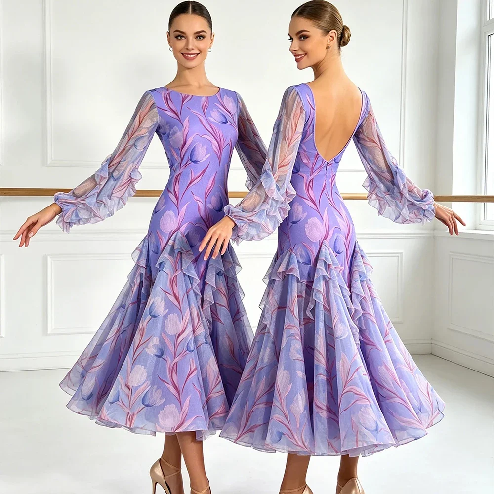 Elegant Women's Purple Floral Modern Ballroom Dance Dress Long Flare Sleeve Waltz Modern Tango Competition Practice Dress
Elegant Women's Purple Floral Modern Ballroom Dance Dress Long Flare Sleeve Waltz Modern Tango Competition Practice Dress