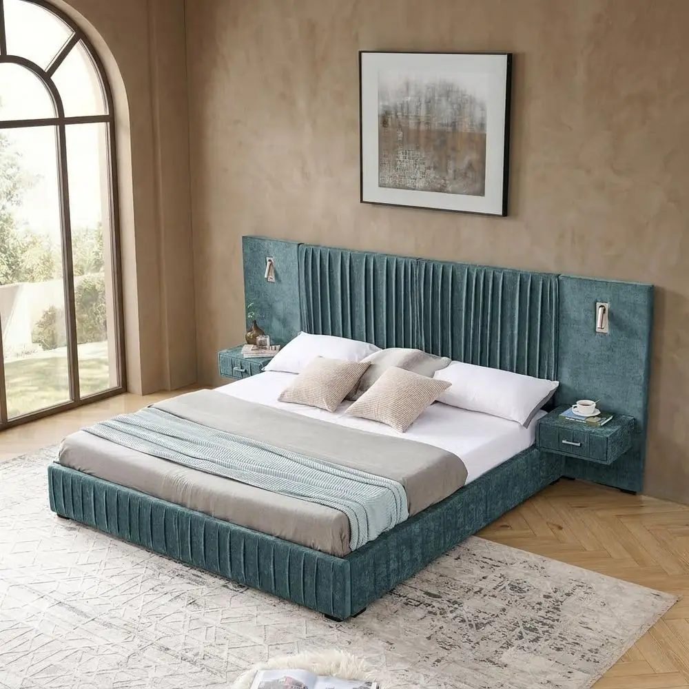 Size Luxury Bed Frame with Pleated Design Headboard, holstered Hotel Platform Bed with Builtin LED Lights and Nightstands, Qu
Size Luxury Bed Frame with Pleated Design Headboard, holstered Hotel Platform Bed with Builtin LED Lights and Nightstands, Qu