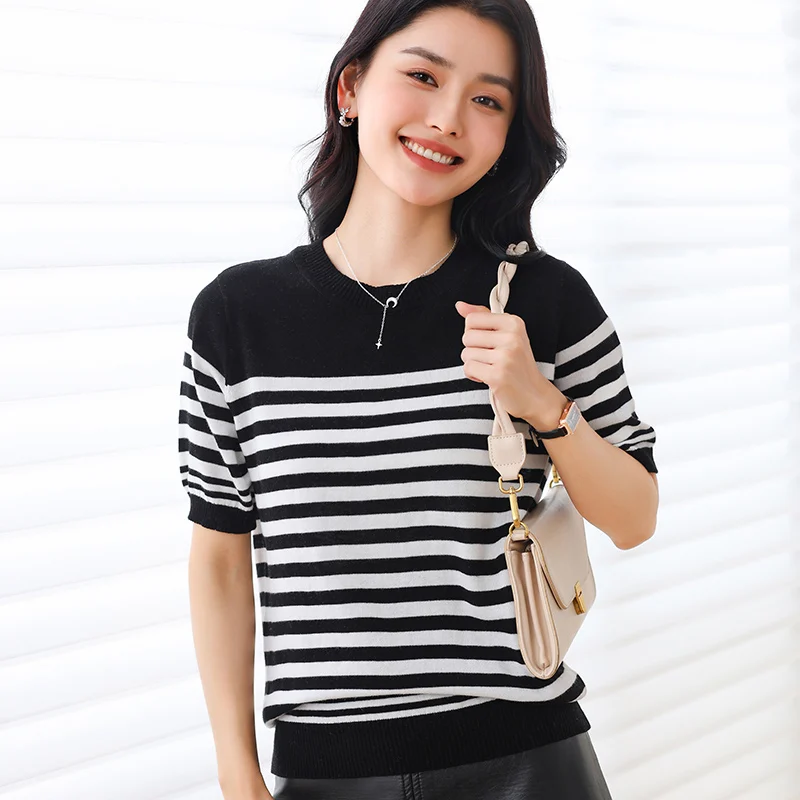 Women's 100% Cotton Summer T-shirt Short Sleeve O-neck Knit Pullover Color Stripe Tees Outfit Tops
Women's 100% Cotton Summer T-shirt Short Sleeve O-neck Knit Pullover Color Stripe Tees Outfit Tops