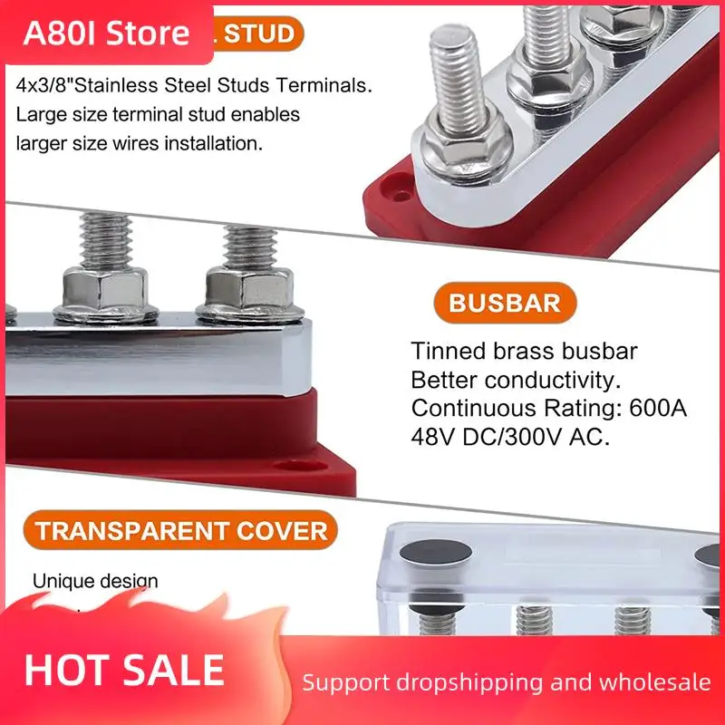A80I 600A Bus Bar 4-Stud (3/8 Inch) M10 High Current Copper Busbar Terminal Block Marine DC 12V 24V 48V With Cover
A80I 600A Bus Bar 4-Stud (3/8 Inch) M10 High Current Copper Busbar Terminal Block Marine DC 12V 24V 48V With Cover