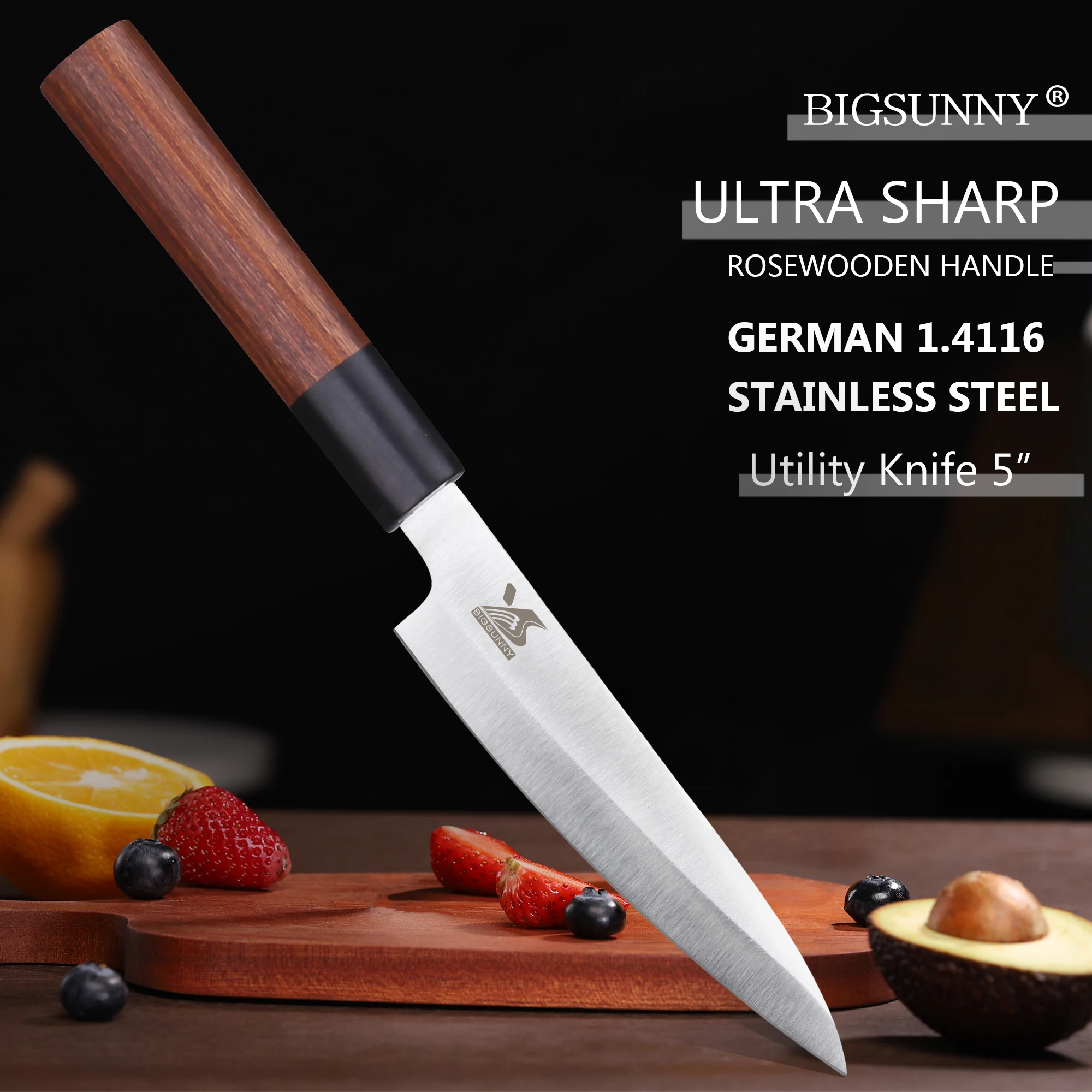 BIGSUNNY 5 Inch Utility Fruit knife Kitchen Cooking Chef Knives German Steel Blade with Rose wood Handle
BIGSUNNY 5 Inch Utility Fruit knife Kitchen Cooking Chef Knives German Steel Blade with Rose wood Handle