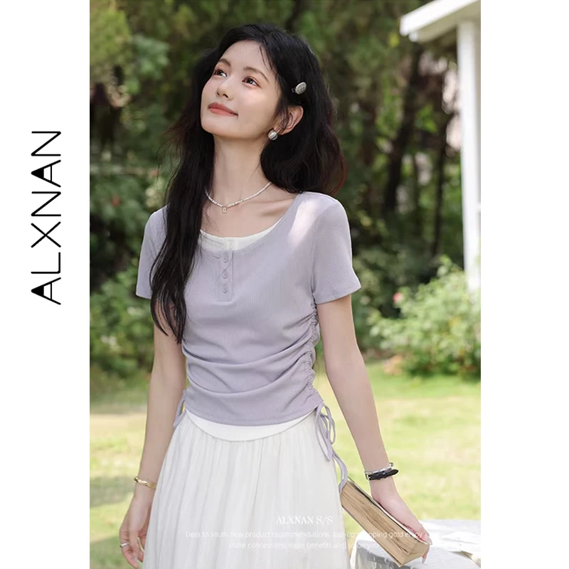 ALXNAN Purple T-shirt 2026 Summer New Women Elegant Short Sleeve Tees Waist Ruching Drawstring Casual Cotton Tops Ladies L551103
ALXNAN Purple T-shirt 2026 Summer New Women Elegant Short Sleeve Tees Waist Ruching Drawstring Casual Cotton Tops Ladies L551103