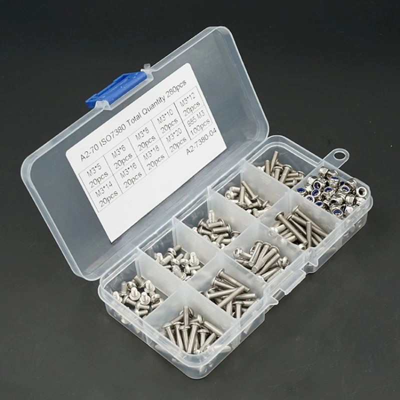 280Pcs M3 screw set M3*5/6 Allen Hexagon Hex Socket cap Button Round pan Head 304 Stainless Steel Screw Bolt Nut Assortment Kit
280Pcs M3 screw set M3*5/6 Allen Hexagon Hex Socket cap Button Round pan Head 304 Stainless Steel Screw Bolt Nut Assortment Kit