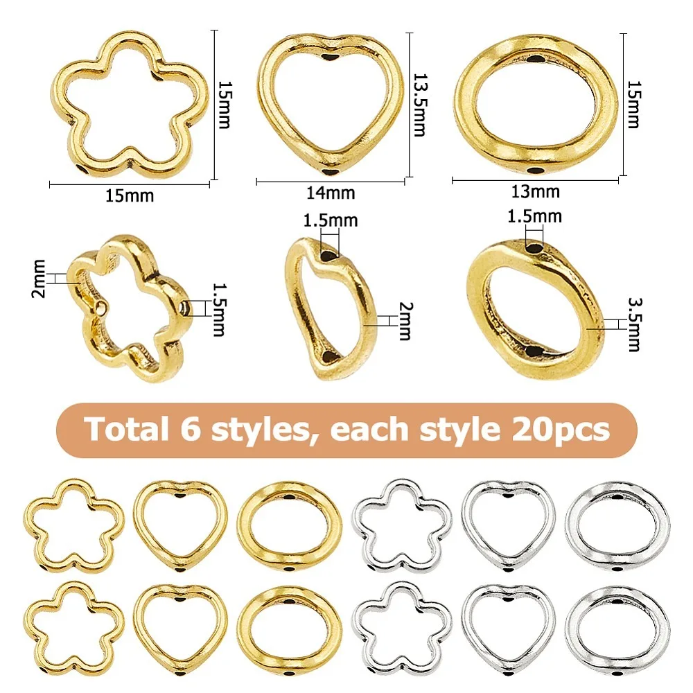 120Pcs 6 Style Style Alloy Bead Frames Mixed Shape Silver Golden 13~15x2mm Hole: 1.5mm 2pcs/style
120Pcs 6 Style Style Alloy Bead Frames Mixed Shape Silver Golden 13~15x2mm Hole: 1.5mm 2pcs/style
