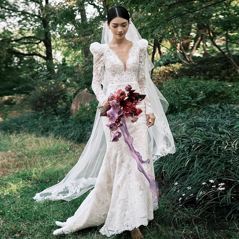 Retro Long Sleeve Lightweight Wedding Dress Lace Fish Tail Veil 2023 New Bridal Evening Gown Korean Style One Shoulder mid Waist
Retro Long Sleeve Lightweight Wedding Dress Lace Fish Tail Veil 2023 New Bridal Evening Gown Korean Style One Shoulder mid Waist