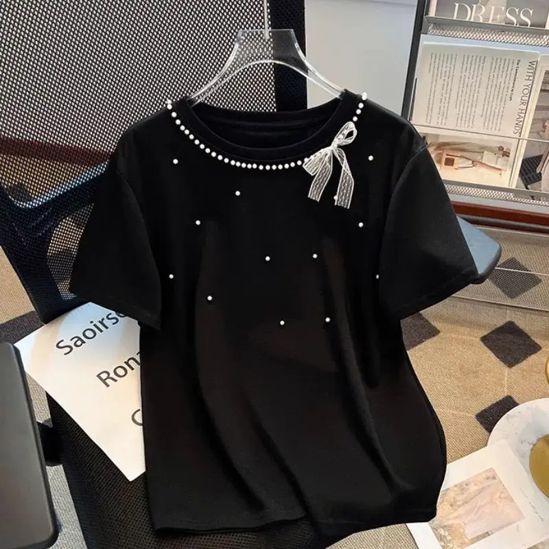 Nail Bead Bow Short Sleeved T-shirt Women's Summer Korean Versatile Ins Niche Top
Nail Bead Bow Short Sleeved T-shirt Women's Summer Korean Versatile Ins Niche Top