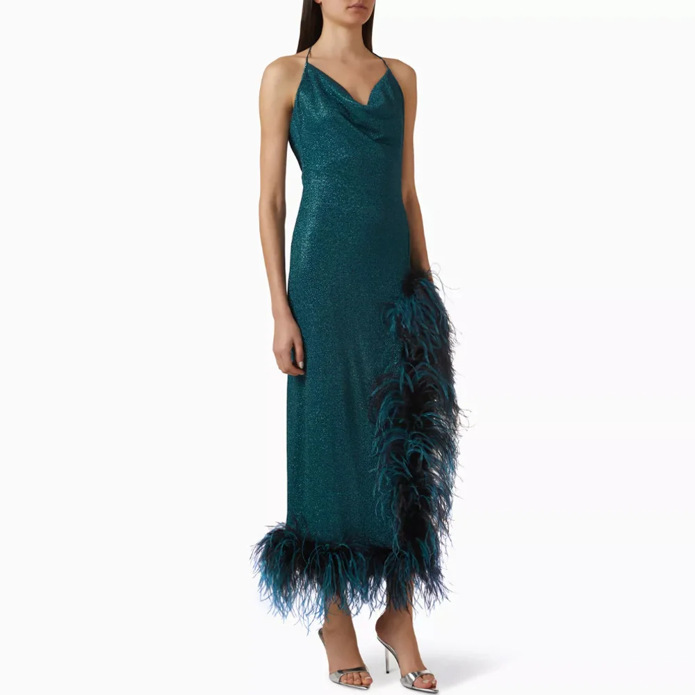 Custom Made Teal Glitter Cowl Neck Wedding Guest Dress Feather Trim Slip Midi Evening Gown
Custom Made Teal Glitter Cowl Neck Wedding Guest Dress Feather Trim Slip Midi Evening Gown