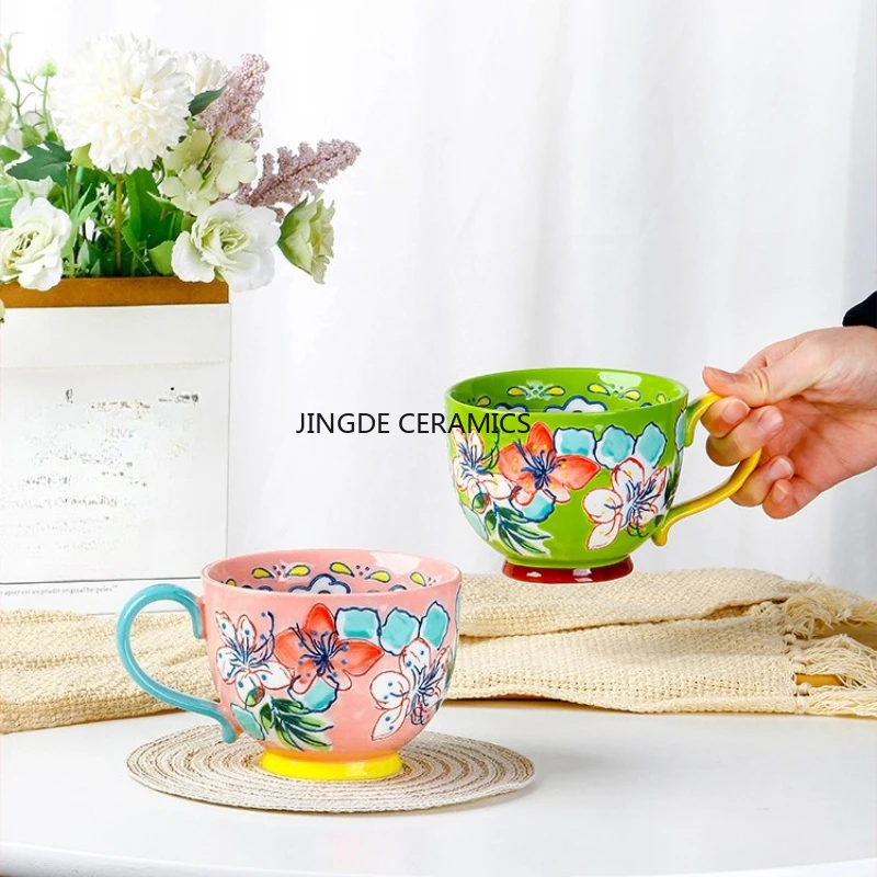 1 шт., керамическая кружка для завтрака, керамическая рельефная кружка, кружка для чая/кофе с ручкой, кухонная посуда для питья, растительные и цветочные узоры