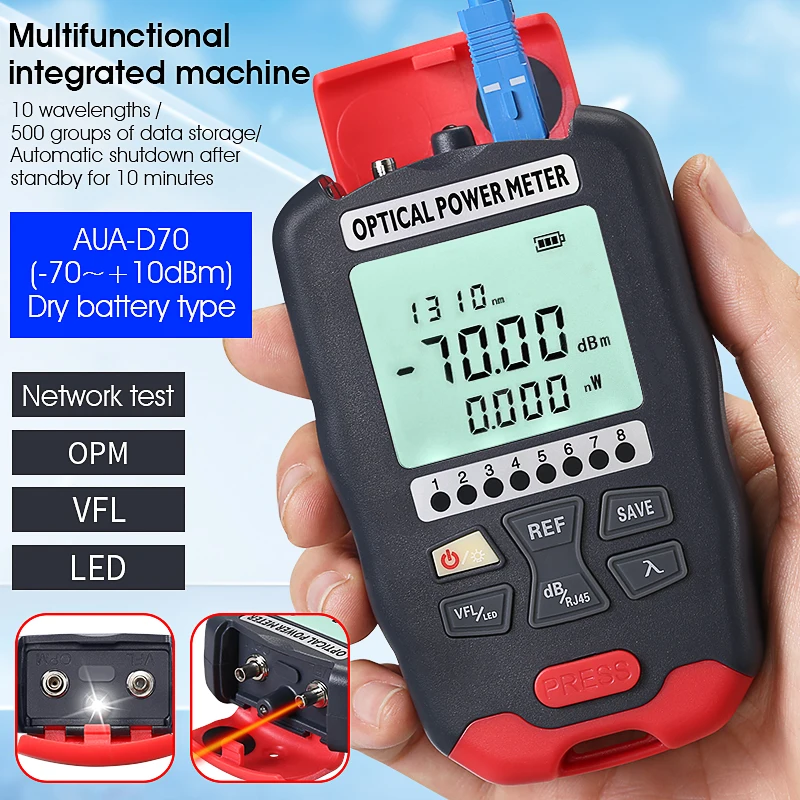 COMPTYCO AUA-D70 4-в-1 тестер оптоволокна Измеритель оптической мощности Визуальный локатор неисправностей Инструмент тестирования FTTH Интегрированная машина OPM VFL
COMPTYCO AUA-D70 4-в-1 тестер оптоволокна Измеритель оптической мощности Визуальный локатор неисправностей Инструмент тестирования FTTH Интегрированная машина OPM VFL