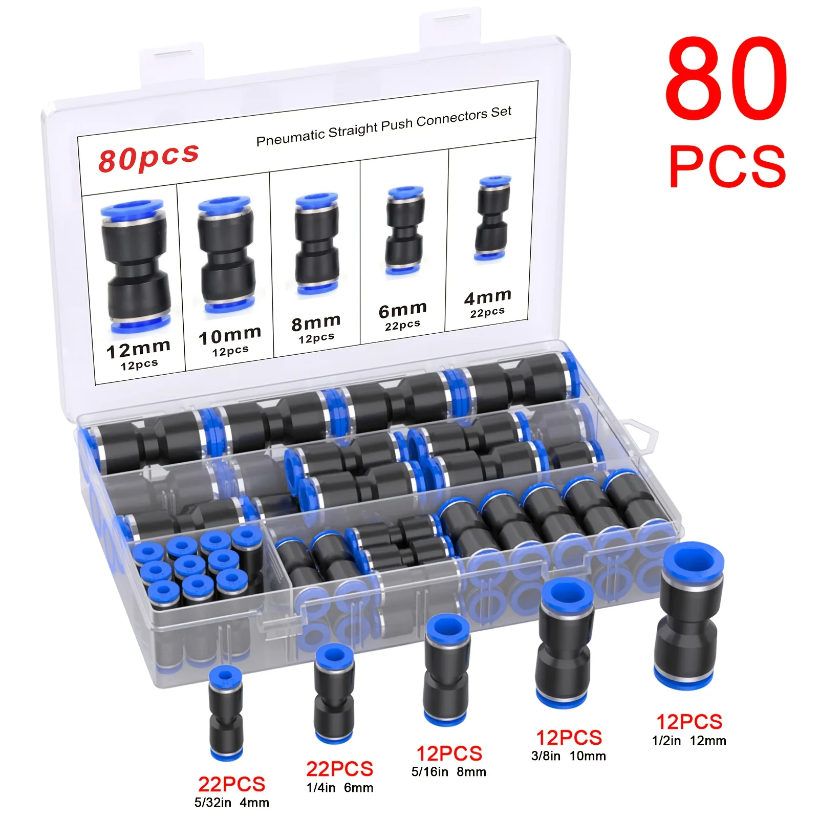80 Pack Quick Connect Air Hose Fittings: Straight Push Type, Pneumatic Air Line Tubing Adapters, For PE/PU/PA/PVC/Nylon Tube
80 Pack Quick Connect Air Hose Fittings: Straight Push Type, Pneumatic Air Line Tubing Adapters, For PE/PU/PA/PVC/Nylon Tube