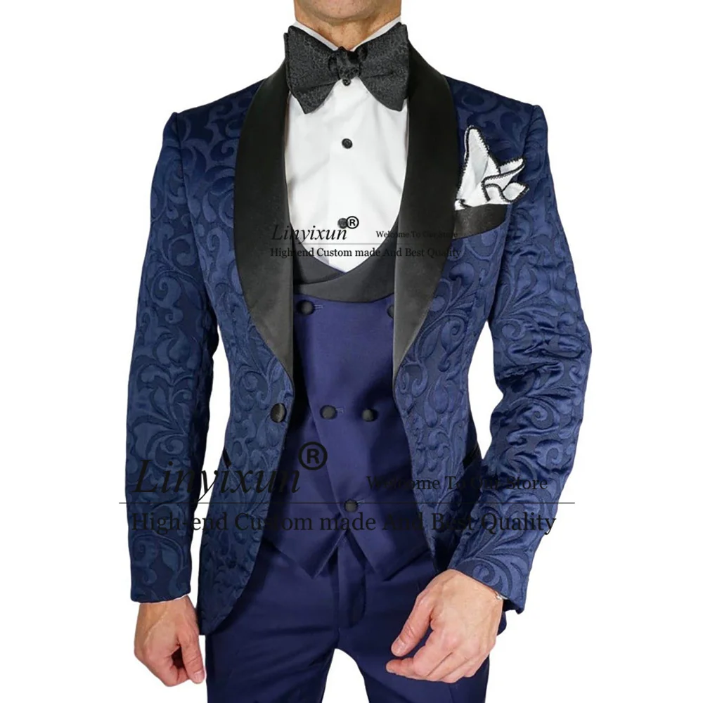 Navy Blue Jacquard Wedding Suits For Men Shawl Lapel Male Prom Blazers Groom Tuxedos Slim Fit Terno Masculinos Completo
Navy Blue Jacquard Wedding Suits For Men Shawl Lapel Male Prom Blazers Groom Tuxedos Slim Fit Terno Masculinos Completo