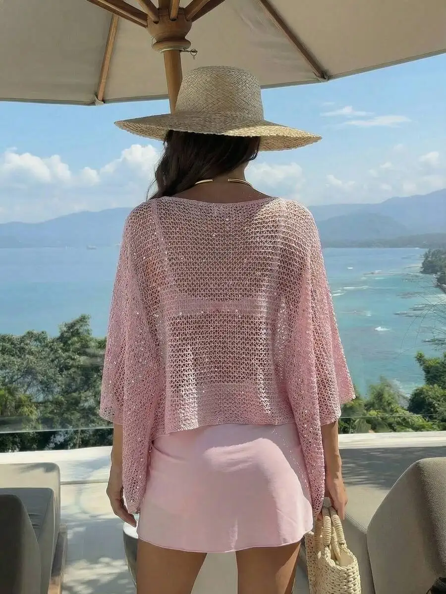 Pink Lightweight Crochet Cover-Up Top With Openwork Design And Wide Brim Hat For Beach Vacation
Pink Lightweight Crochet Cover-Up Top With Openwork Design And Wide Brim Hat For Beach Vacation