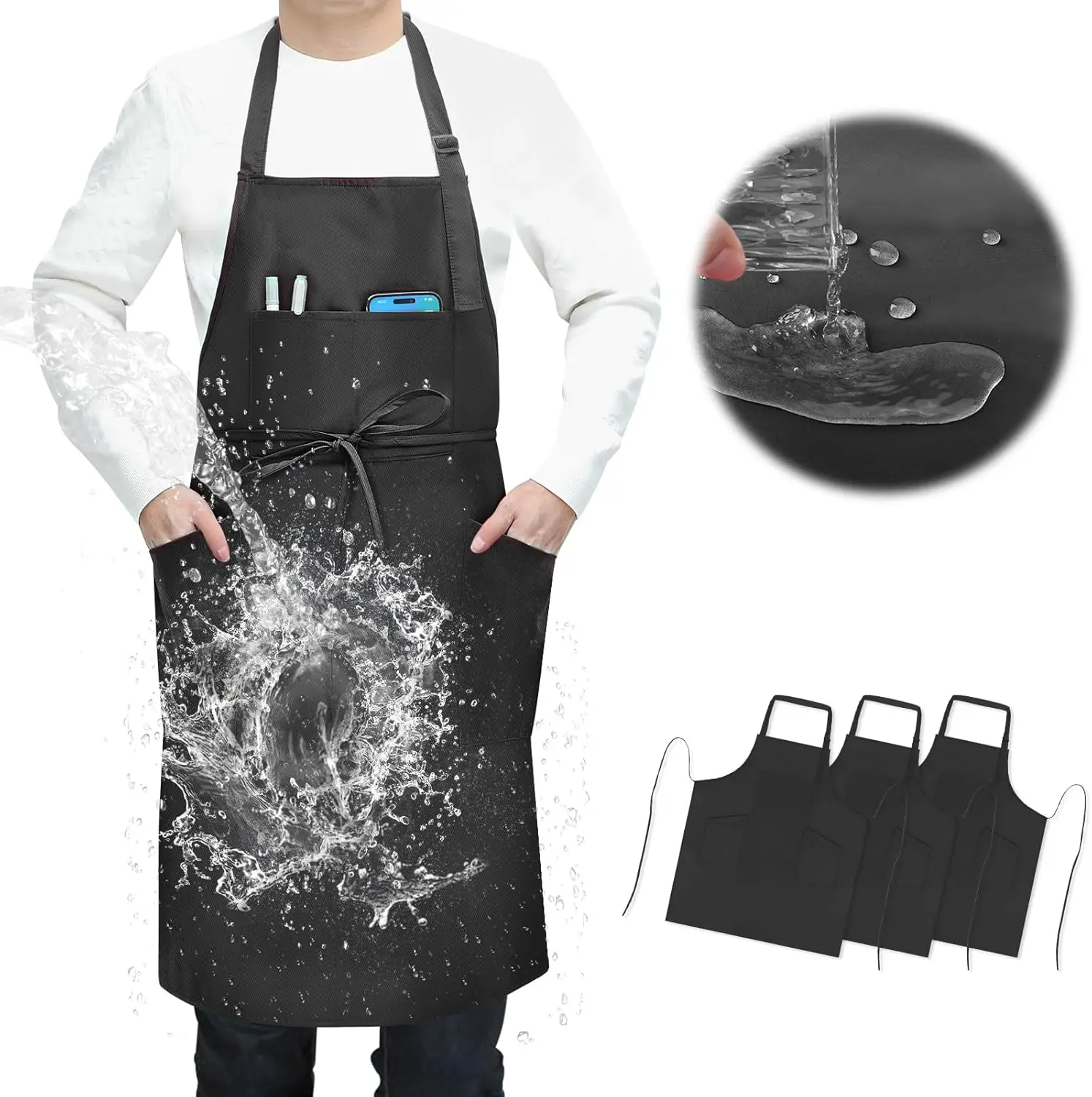 3-Piece Waterproof Kitchen Aprons with Pockets, Adjustable for Cooking and Grilling - Black
3-Piece Waterproof Kitchen Aprons with Pockets, Adjustable for Cooking and Grilling - Black
