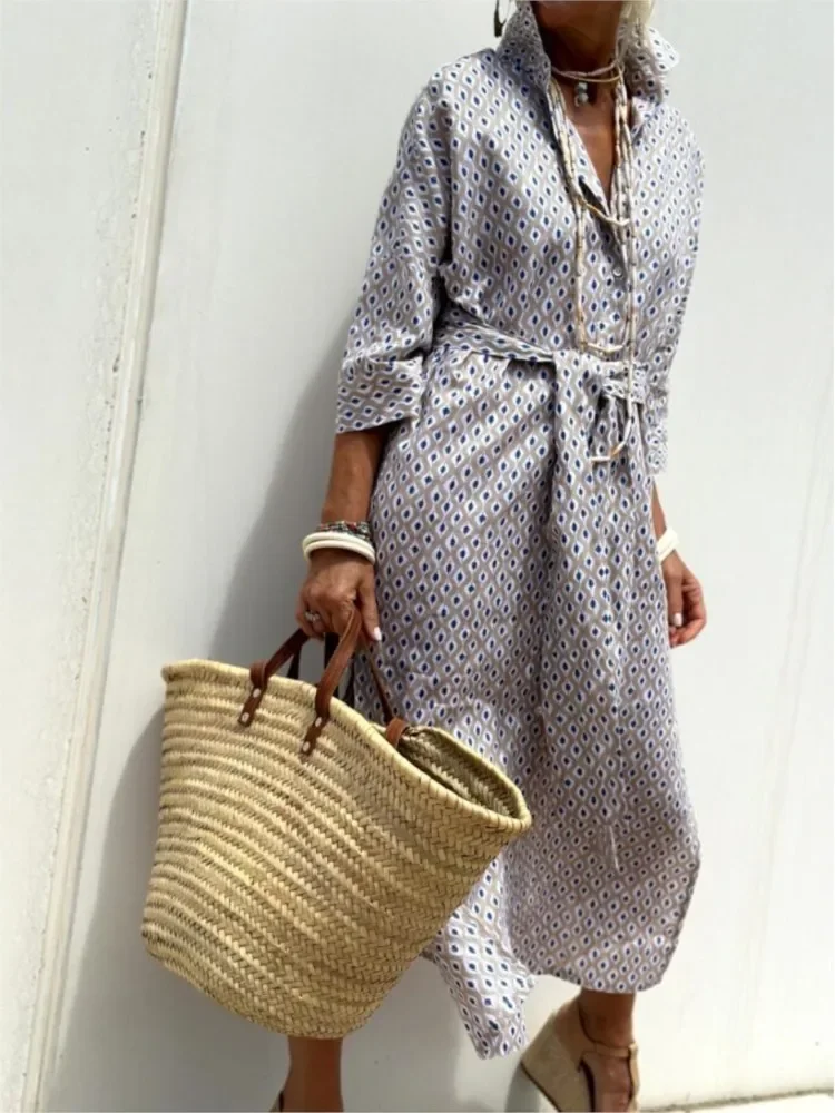 Bohemian Fashion Shirt Dress Female Lapel Half Sleeve Striped Printed Robe Lace Up Split Long Dresses for Women 2024 Autumn New
Bohemian Fashion Shirt Dress Female Lapel Half Sleeve Striped Printed Robe Lace Up Split Long Dresses for Women 2024 Autumn New