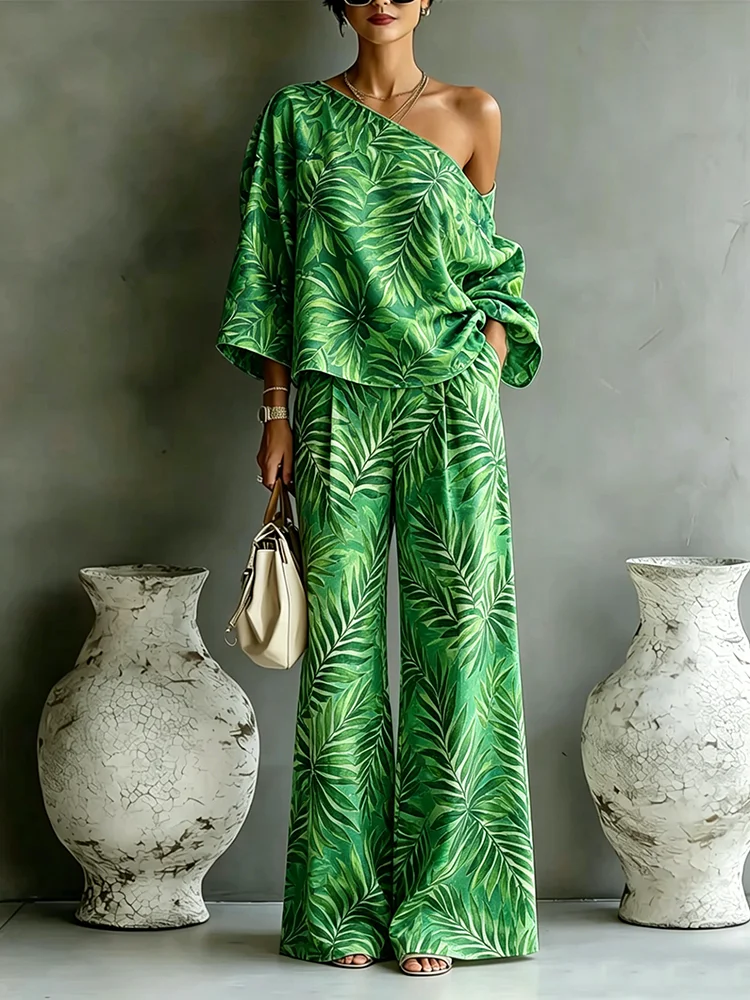 Women's Casual Bohemia Vacation 2-Piece Set Sexy One Shoulder Top with Wide Leg Pants Set Pockets Tropical Leaf Print Outfit
Women's Casual Bohemia Vacation 2-Piece Set Sexy One Shoulder Top with Wide Leg Pants Set Pockets Tropical Leaf Print Outfit