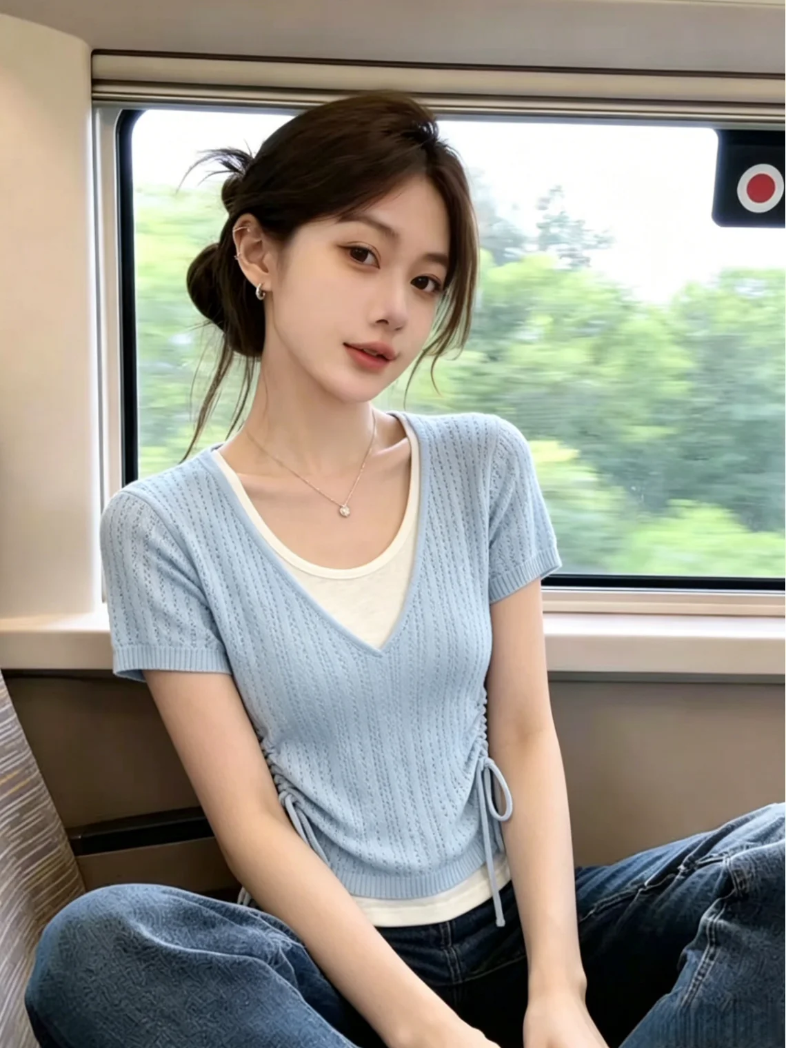 Korean Style Short Sleeve T-Shirt Women's Drawstring Waist Color Block Design Summer New Arrival Self-Preserving Model
Korean Style Short Sleeve T-Shirt Women's Drawstring Waist Color Block Design Summer New Arrival Self-Preserving Model