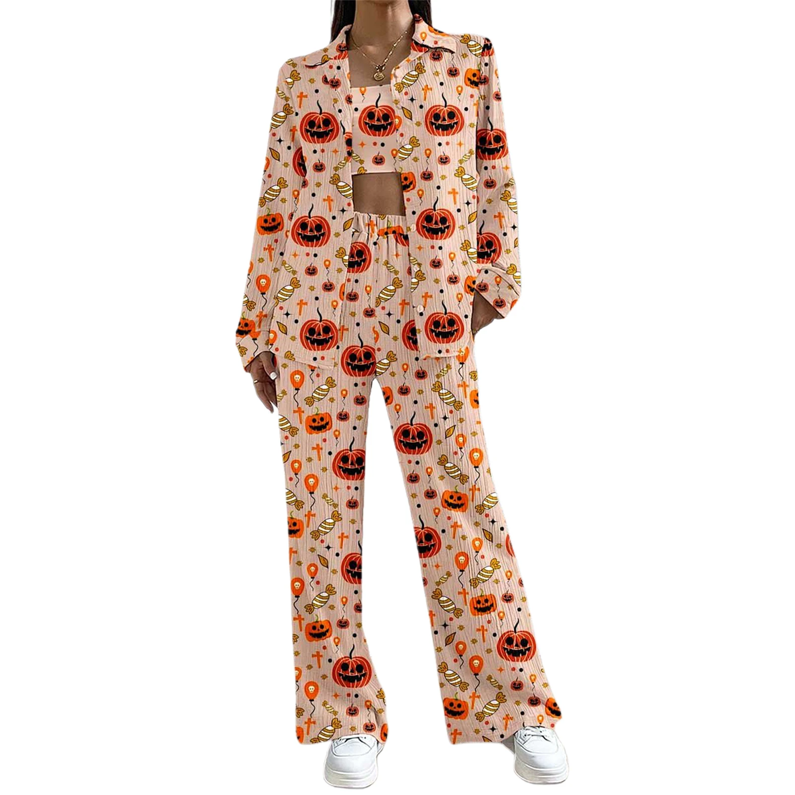 Women Halloween Pajama Set, Pumpkin Bat Print Long Sleeve Top with Pants Sleepwear Loungewear
Women Halloween Pajama Set, Pumpkin Bat Print Long Sleeve Top with Pants Sleepwear Loungewear