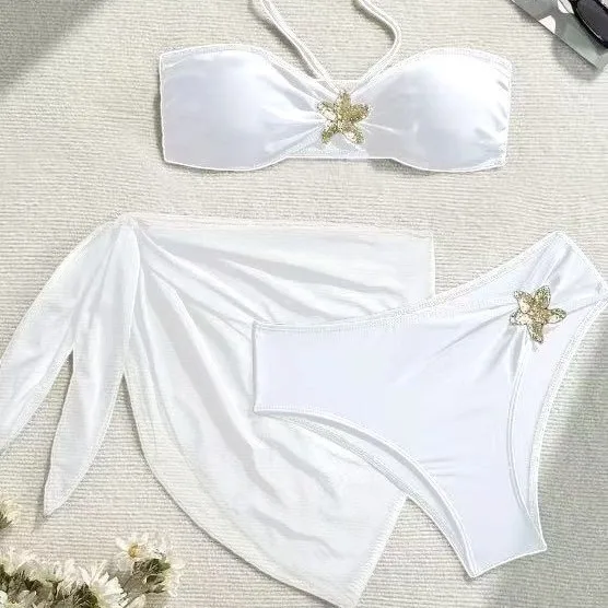 Women 3Pcs White Bikini Set with Cover Up Skirt Gold Starfish Beaded Halter Bandeau Swimsuit Beachwear Bathing Suit
Women 3Pcs White Bikini Set with Cover Up Skirt Gold Starfish Beaded Halter Bandeau Swimsuit Beachwear Bathing Suit
