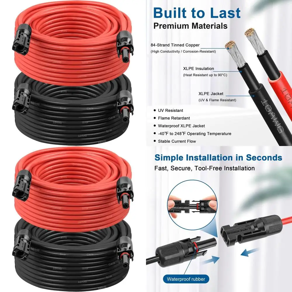 Удлинительные кабели 10AWG, 75 футов, 2 шт. в упаковке, красно-черный провод для солнечных панелей, 84-жильный, из луженой меди, с двойной изоляцией, устойчивые к УФ-излучению для использования на улице, для автодомов
Удлинительные кабели 10AWG, 75 футов, 2 шт. в упаковке, красно-черный провод для солнечных панелей, 84-жильный, из луженой меди, с двойной изоляцией, устойчивые к УФ-излучению для использования на улице, для автодомов