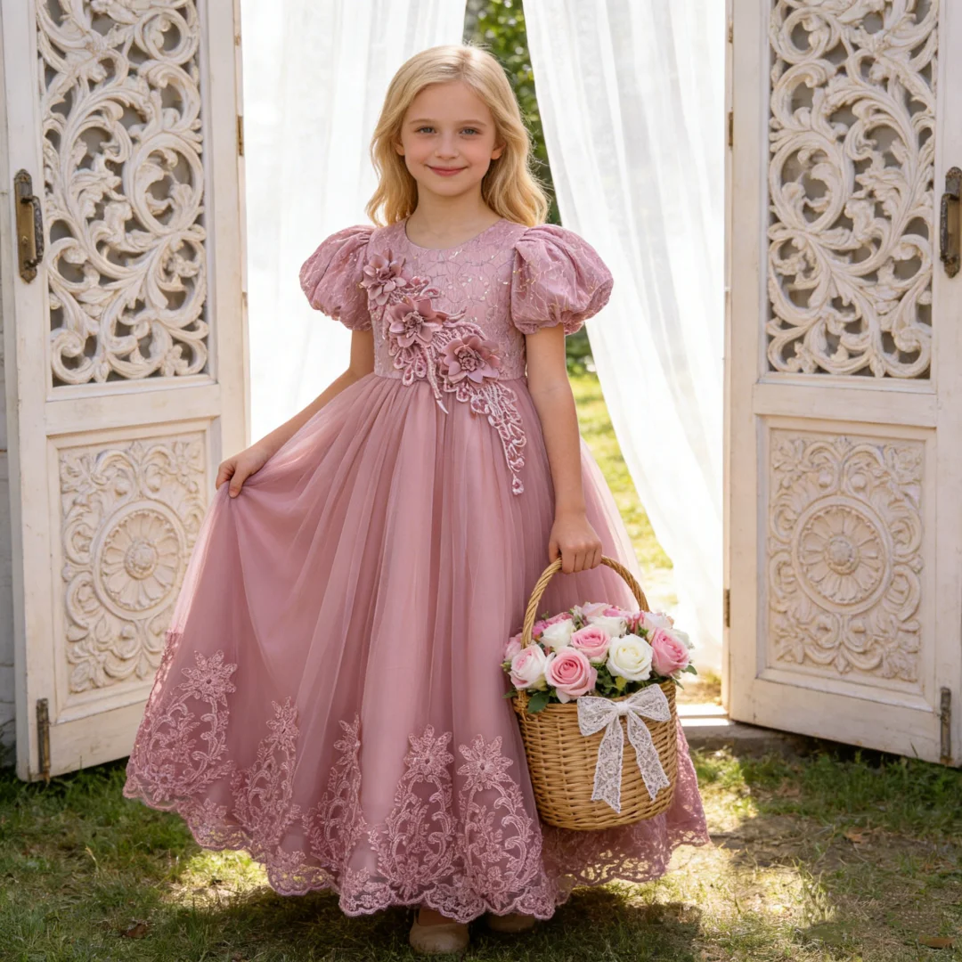 Kids girls' elegant puff sleeve dress with embroidered floral design suitable for dance piano anniversary or other occasions
Kids girls' elegant puff sleeve dress with embroidered floral design suitable for dance piano anniversary or other occasions