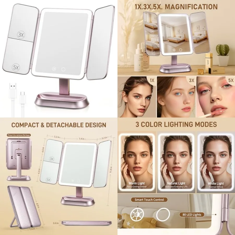 Lighted Makeup Mirror with 1X/3X/5X Magnification, Rechargeable Trifold Mirror, Smart Sensor and 3 Light Colors, Portable Cosme
Lighted Makeup Mirror with 1X/3X/5X Magnification, Rechargeable Trifold Mirror, Smart Sensor and 3 Light Colors, Portable Cosme
