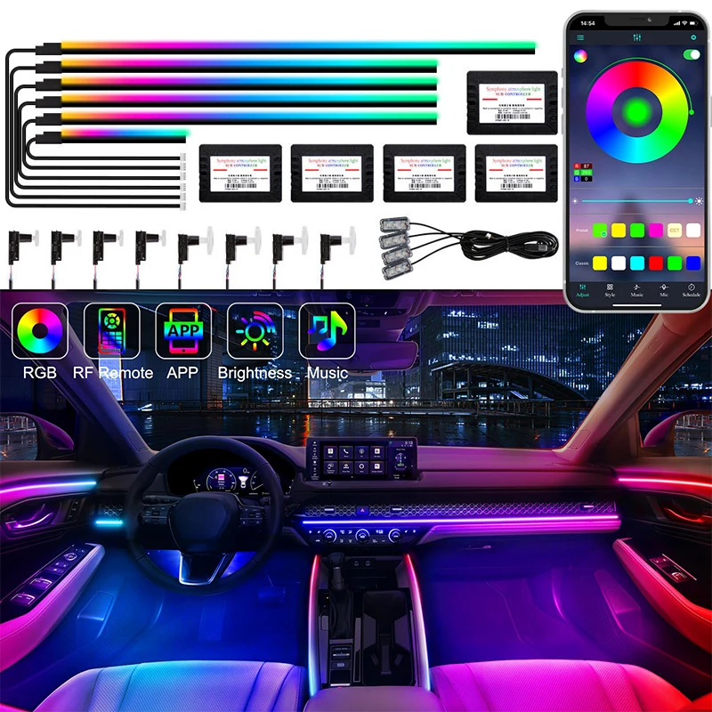 Автомобильные универсальные осветительные полосы Neons, красочные осветительные полосы для автомобильной атмосферы, 64 RGB, акриловые лампы, управление через приложение, разноцветная симфония
Автомобильные универсальные осветительные полосы Neons, красочные осветительные полосы для автомобильной атмосферы, 64 RGB, акриловые лампы, управление через приложение, разноцветная симфония