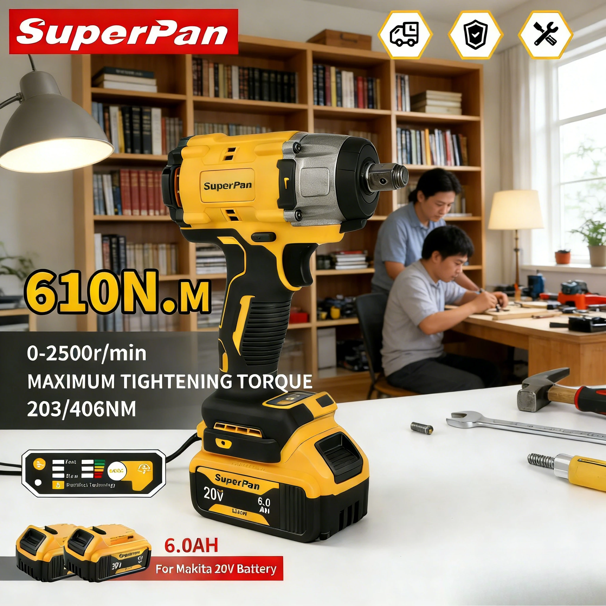 SuperPan High-Efficiency Impact Wrench Precision Gear System Anti-Slip Grip Low-Noise 20V 610Nm 1/2" Drive for Dewalt
SuperPan High-Efficiency Impact Wrench Precision Gear System Anti-Slip Grip Low-Noise 20V 610Nm 1/2" Drive for Dewalt