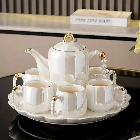 1pc/6pcs/8pcs/set European pearl glazed porcelain tea set - Pearl white porcelain teapot and sugar milk oil teapot