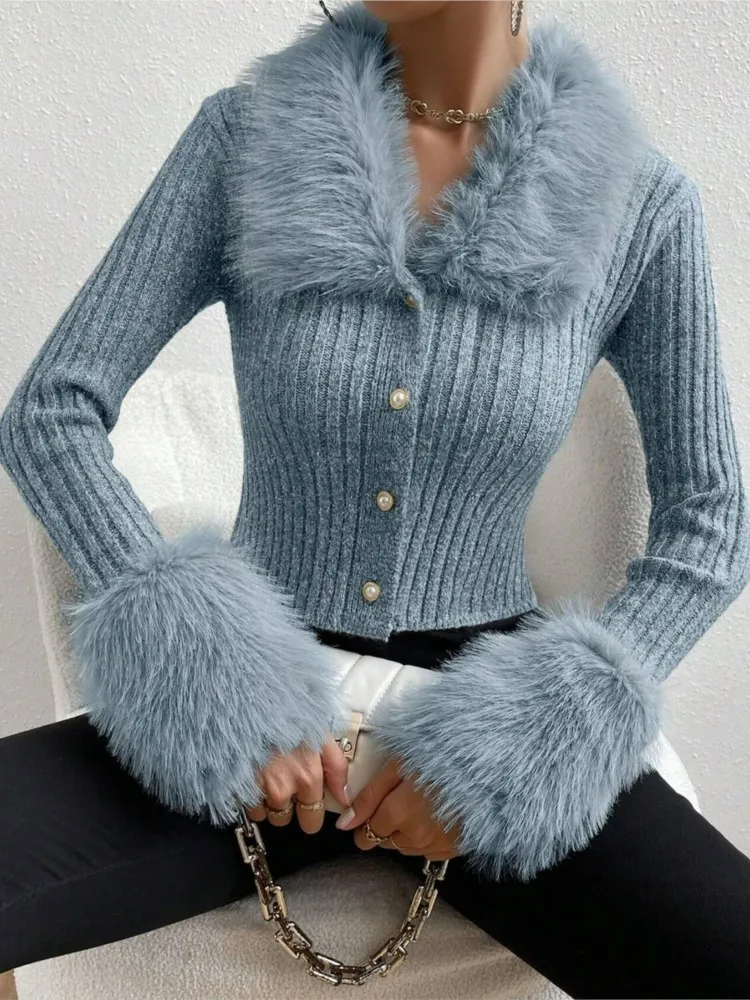 Autumn Shaggy Fur Lapel Spliced Rib Knitted Cardigan Crop Sweater Woman Hairy Sleeve Slim Fit Short Knitwear Blue Black Pink
Autumn Shaggy Fur Lapel Spliced Rib Knitted Cardigan Crop Sweater Woman Hairy Sleeve Slim Fit Short Knitwear Blue Black Pink