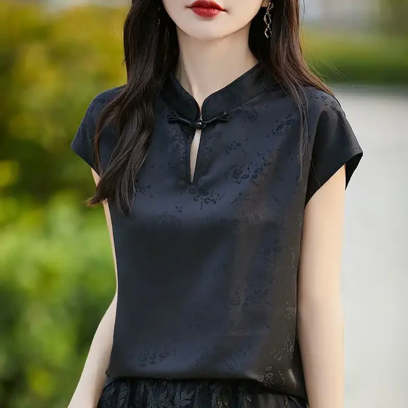 Women New Chinese Style Jacquard Satin Blouse Summer Short Sleeve Commuter Casual Top
Women New Chinese Style Jacquard Satin Blouse Summer Short Sleeve Commuter Casual Top