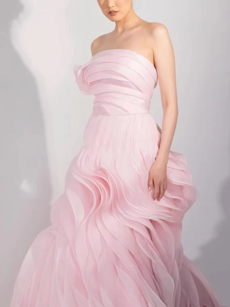 Tiered Ruffle Evening Dresses Simple Pink Tulle Strapless A-line Floor-Length Graduation Ceremony Wedding PartyProm Gowns
Tiered Ruffle Evening Dresses Simple Pink Tulle Strapless A-line Floor-Length Graduation Ceremony Wedding PartyProm Gowns