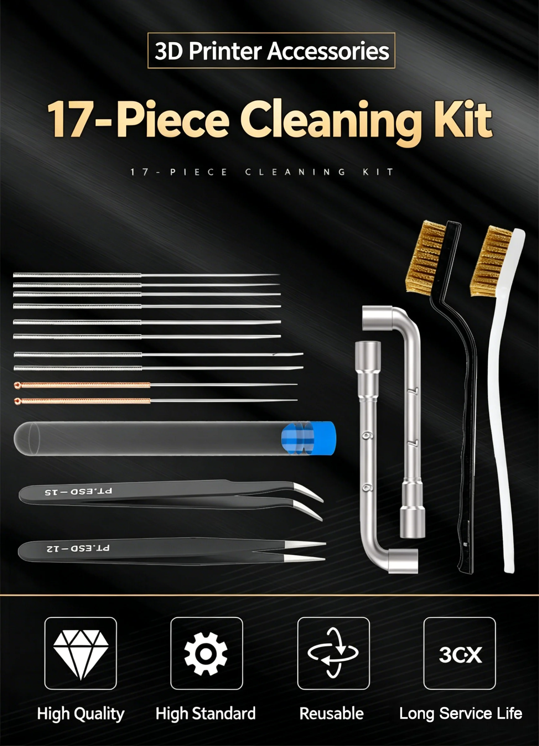 17Pcs 3D Printer Cleaning Kit with Brass Brushes ESD Tweezers 6/7mm Wrenches Compatible for Ender 3 Bambu Lab & Elegoo
17Pcs 3D Printer Cleaning Kit with Brass Brushes ESD Tweezers 6/7mm Wrenches Compatible for Ender 3 Bambu Lab & Elegoo