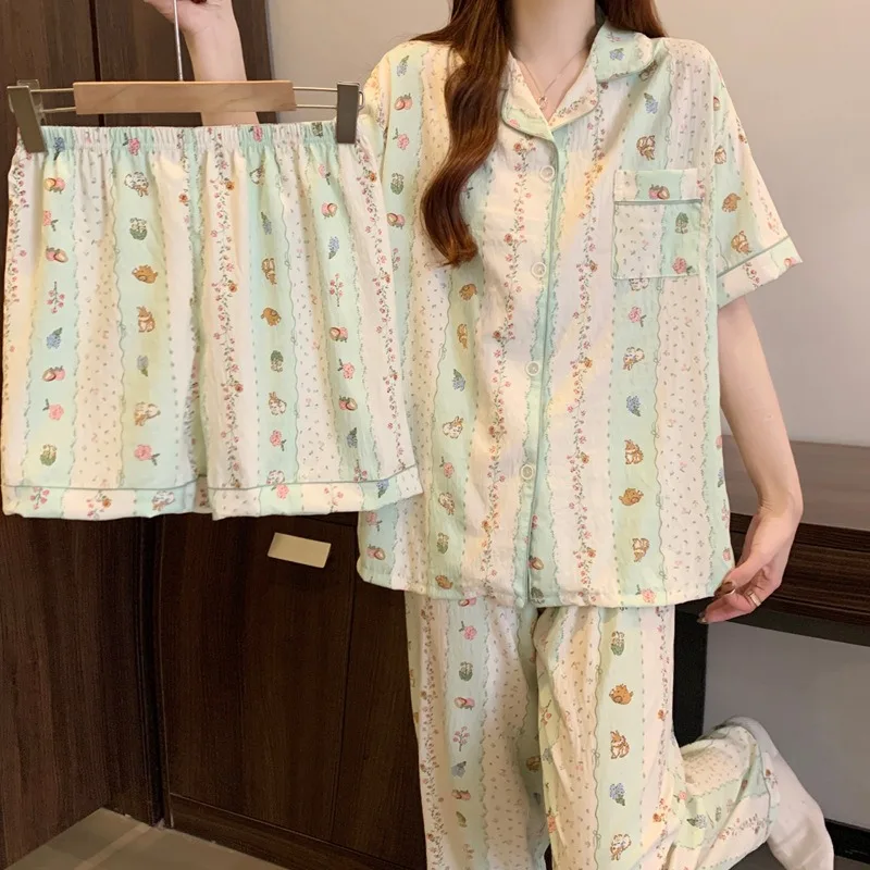 Women's Plus Size Pajamas Three-Piece Small Floral Short Sleeve Trousers Student Loungewear Cardigan Shorts Set Girl Nightwear
Women's Plus Size Pajamas Three-Piece Small Floral Short Sleeve Trousers Student Loungewear Cardigan Shorts Set Girl Nightwear