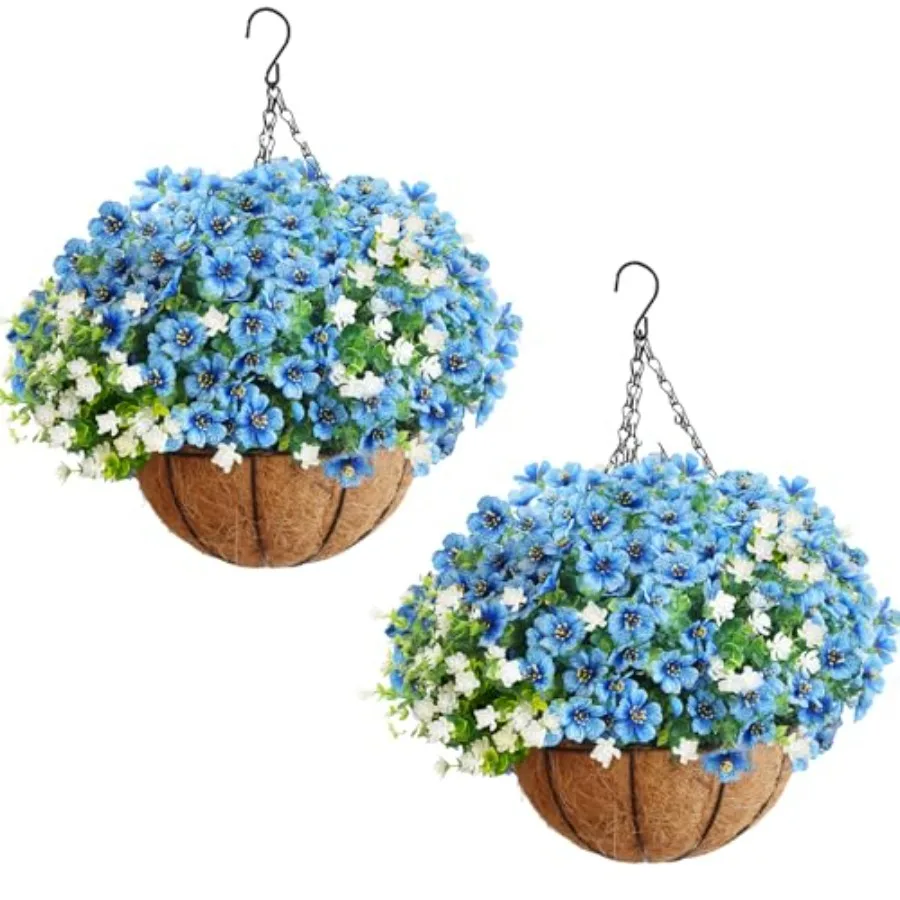 Outdoor artificial hanging plants in white and blue, faux flowers with basket, 2-pack for patio or balcony decoration
Outdoor artificial hanging plants in white and blue, faux flowers with basket, 2-pack for patio or balcony decoration