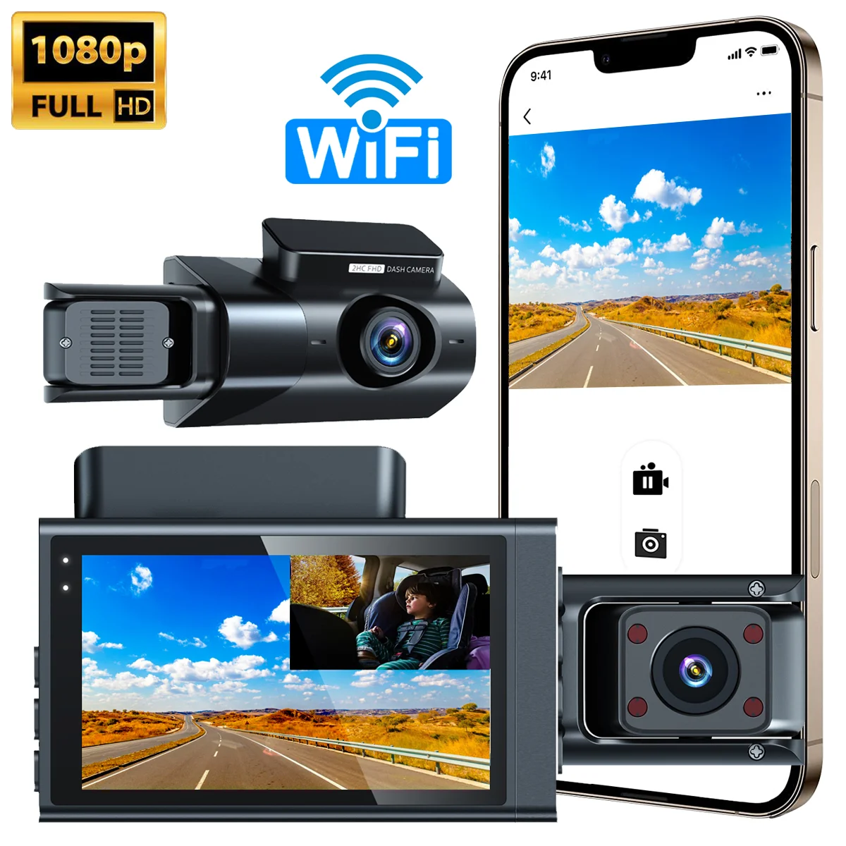 Видеорегистратор с 3 объективами и Wi-Fi 1080P, циклическая запись, передняя камера 1080P, режим автомобильной камеры, видеорегистратор для автомобилей, воспроизведение видео FHD
Видеорегистратор с 3 объективами и Wi-Fi 1080P, циклическая запись, передняя камера 1080P, режим автомобильной камеры, видеорегистратор для автомобилей, воспроизведение видео FHD