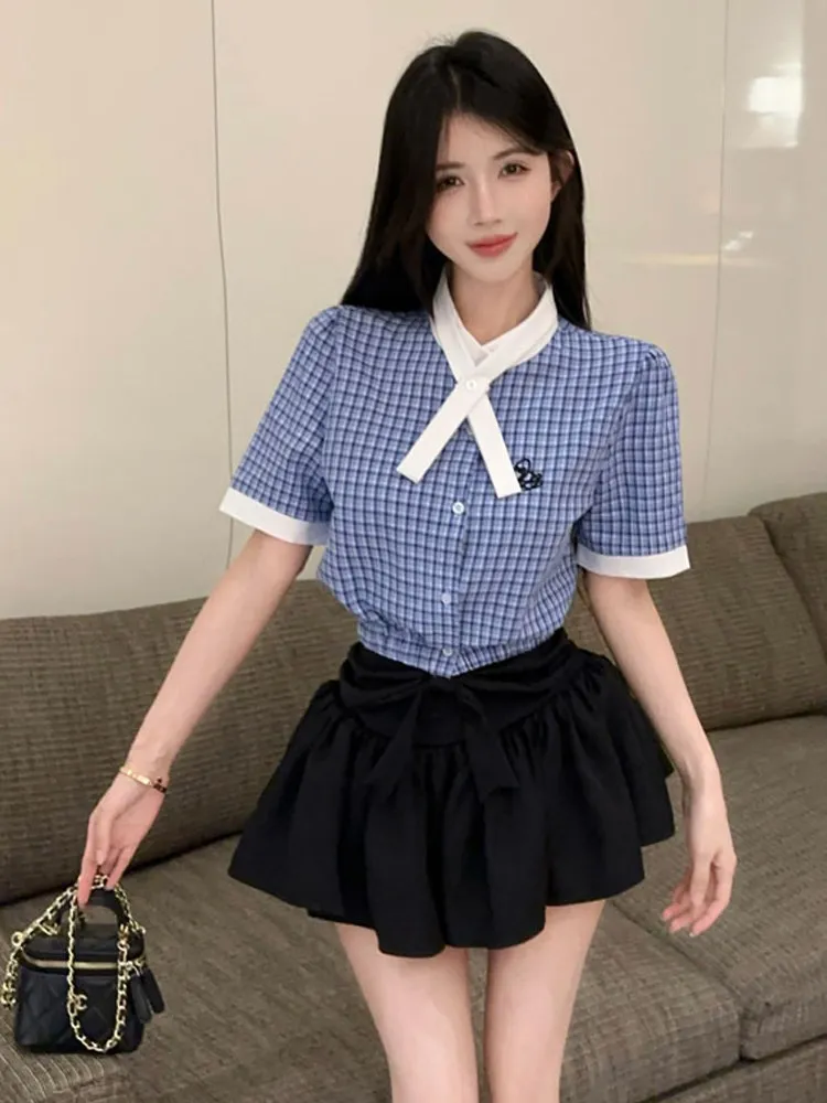 College style contrasting color slim fit bubble sleeves shirt top high waist fluffy short skirt women fashion two-piece set
College style contrasting color slim fit bubble sleeves shirt top high waist fluffy short skirt women fashion two-piece set