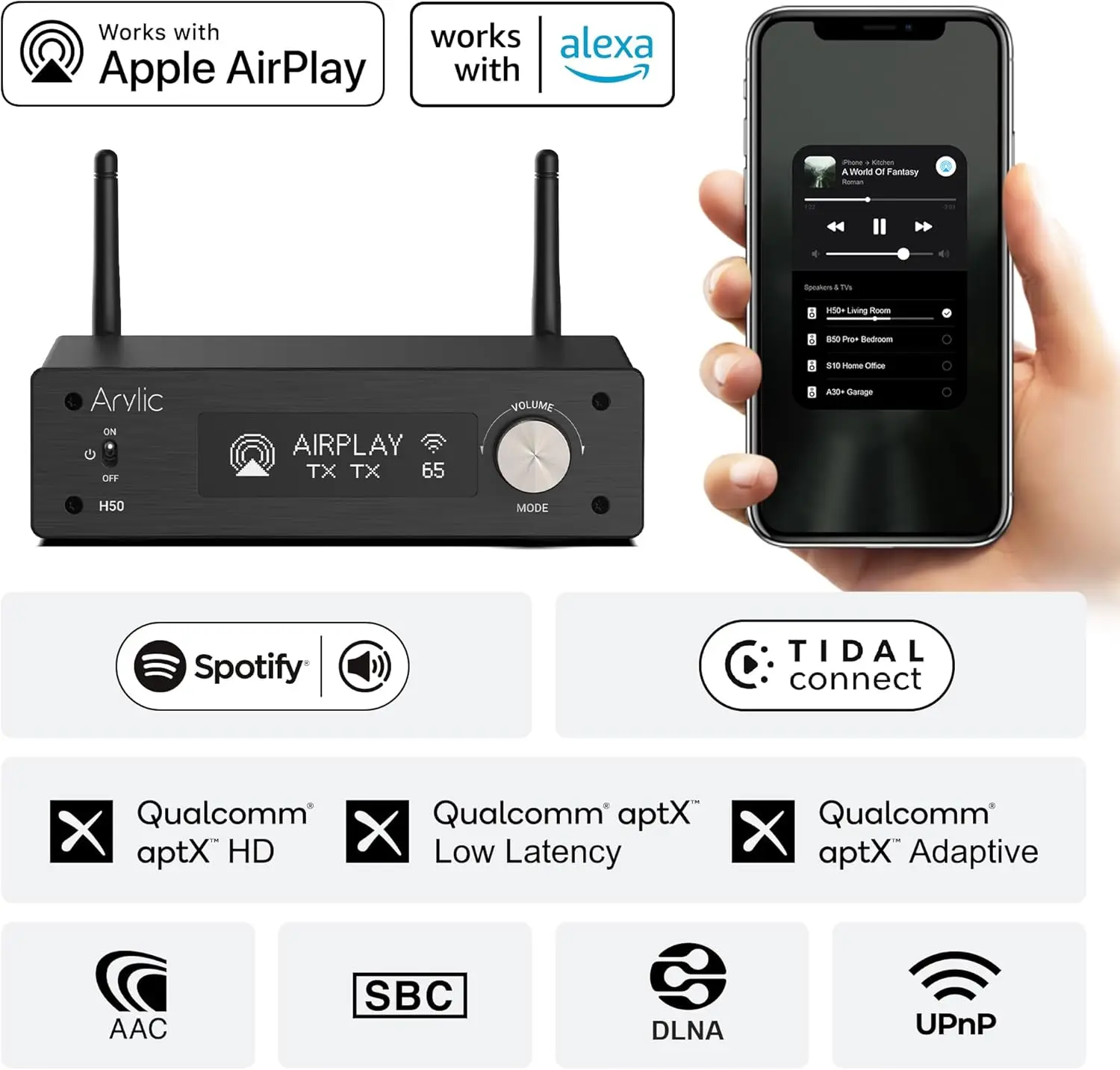 Arylic H50 WiFi Bluetooth 5.2 HiFi Amplifier 50W×2 AirPlay 2 Spotify Tidal Connect HDMI ARC Phono USB DAC Multiroom Amp
Arylic H50 WiFi Bluetooth 5.2 HiFi Amplifier 50W×2 AirPlay 2 Spotify Tidal Connect HDMI ARC Phono USB DAC Multiroom Amp