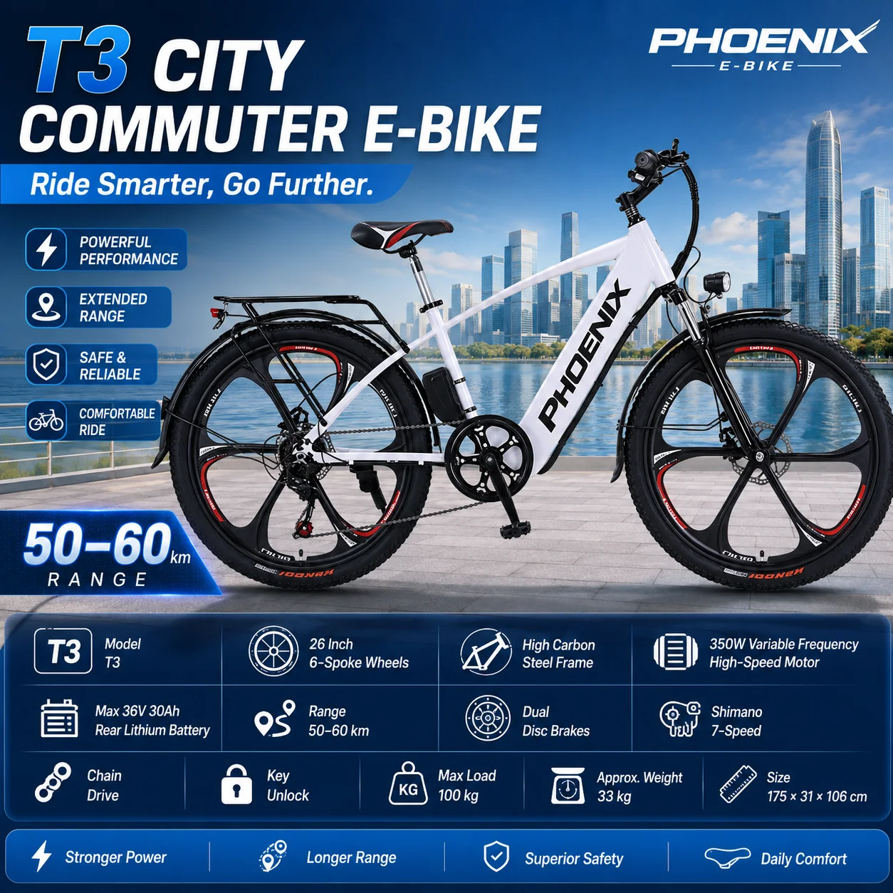 T3 26 Inch Electric City Bike for Adults 350W E-Bike Motor 36V 30Ah Battery 50-60KM Range Shimano 7 Speed Dual Disc Brakes
T3 26 Inch Electric City Bike for Adults 350W E-Bike Motor 36V 30Ah Battery 50-60KM Range Shimano 7 Speed Dual Disc Brakes