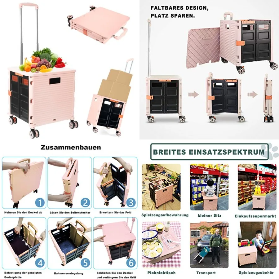 Foldable Utility Cart Folding Portable Rolling Crate Handcart Shopping Trolley Wheel Box with Lid Wear-Resistant Noiseless 360°Rotate Wheel for Travel Shopping Moving Storage Office (Pink)
Foldable Utility Cart Folding Portable Rolling Crate Handcart Shopping Trolley Wheel Box with Lid Wear-Resistant Noiseless 360°Rotate Wheel for Travel Shopping Moving Storage Office (Pink)