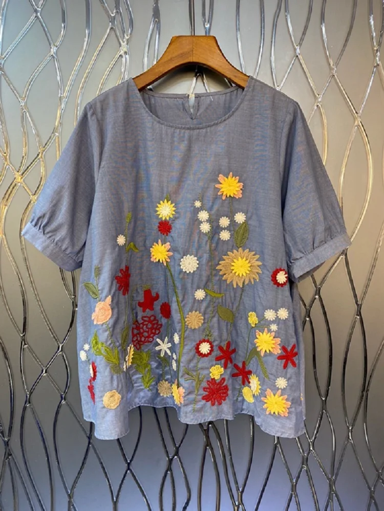 High Quality Cotton Blouses 2022 Summer Fashion Blue Tops Women Colorful Floral Embroidery Short Sleeve Casual Loose Tops Female
High Quality Cotton Blouses 2022 Summer Fashion Blue Tops Women Colorful Floral Embroidery Short Sleeve Casual Loose Tops Female