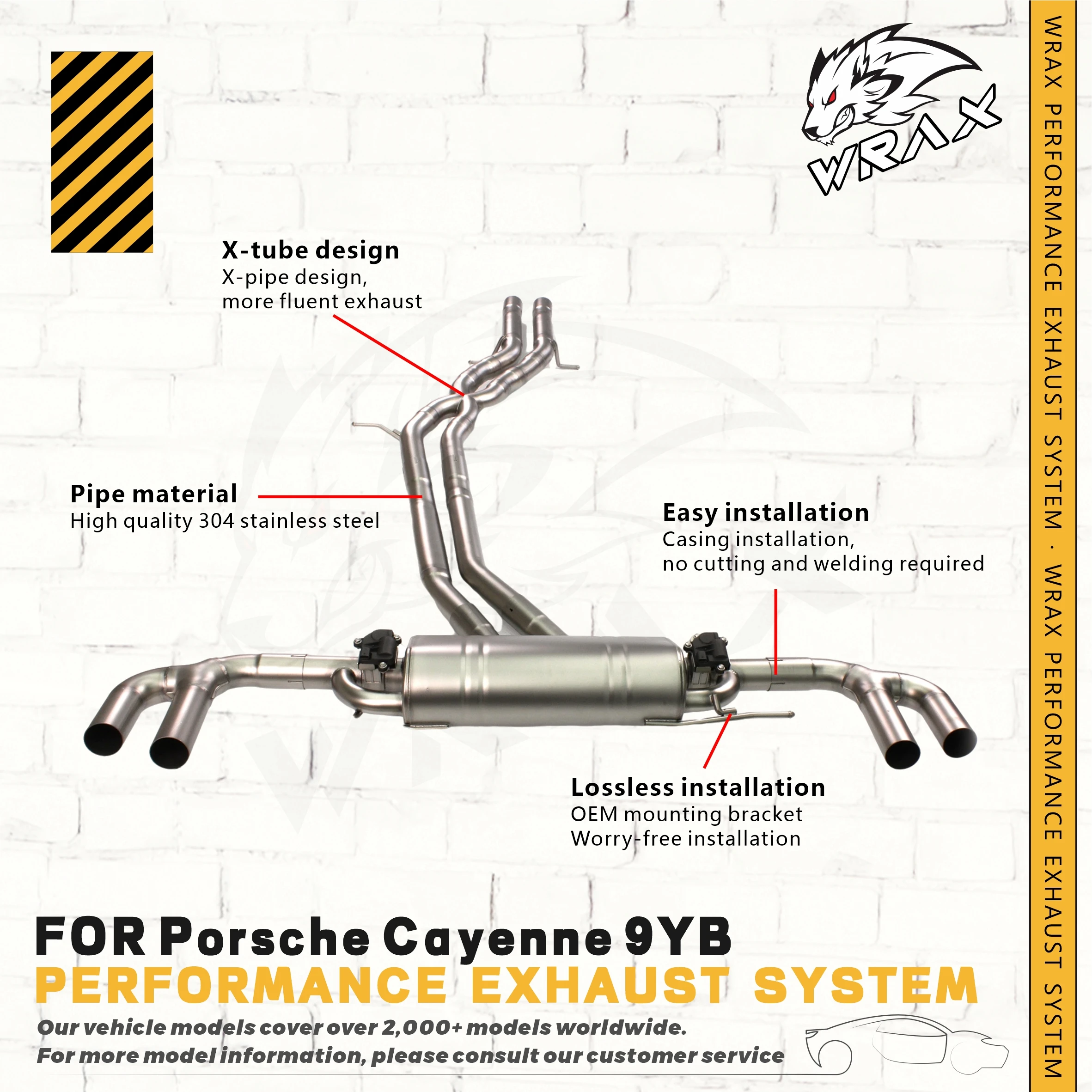 WRAX Stainless Steel Exhaust System for Porsche Cayenne 9YB X Tube Upgrade Catback with Muffler Valves
WRAX Stainless Steel Exhaust System for Porsche Cayenne 9YB X Tube Upgrade Catback with Muffler Valves